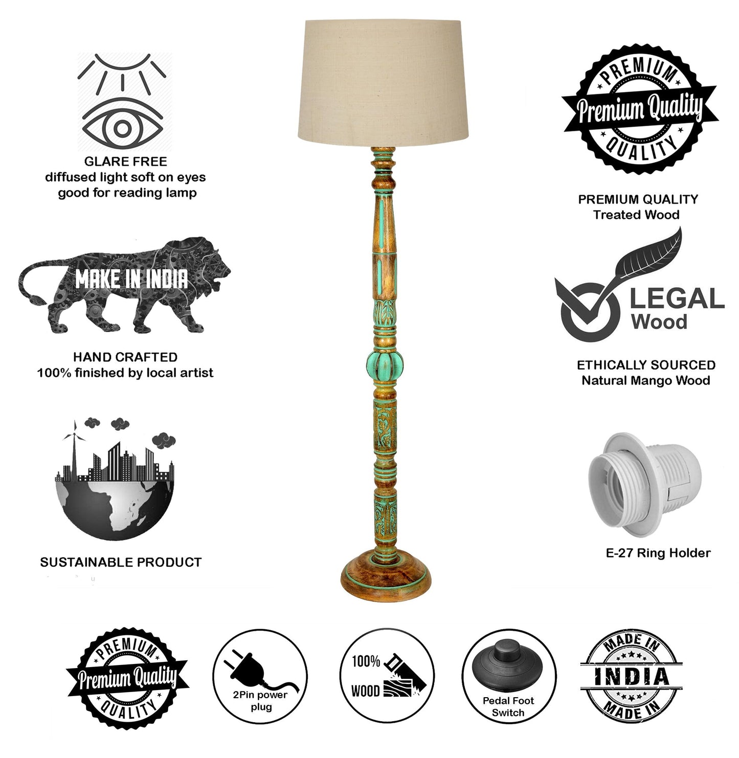 Royal Carving Antique Algae finish wooden floor lamp with Shade
