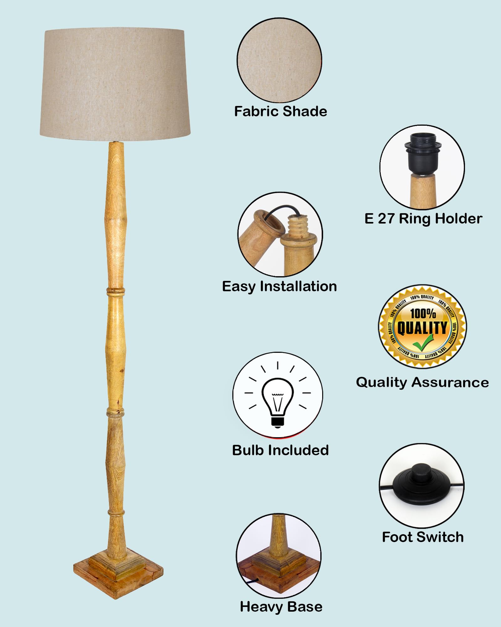 Wood Antique Candlestick Fabric Drum Shade Decor for Living Room Reading House Bedroom Home, Natural Diamond
