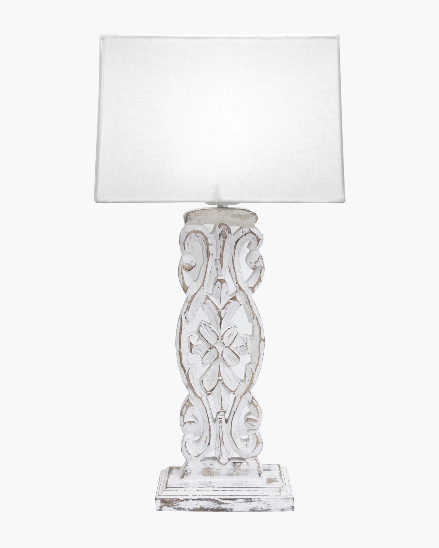 Sculptural Hand Carved Wood Table Lamp with Khadi Square shade, Whitewash