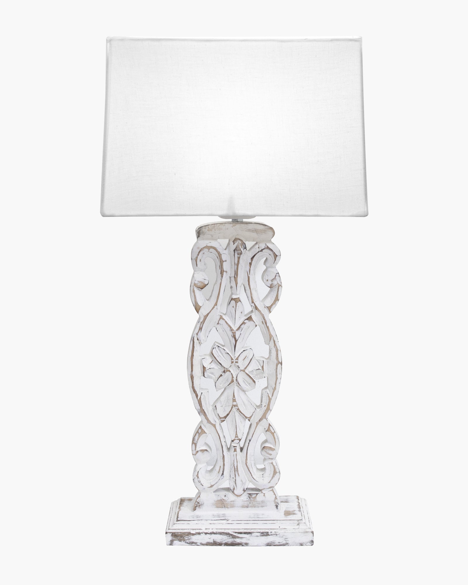 Sculptural Hand Carved Wood Table Lamp with Khadi Square shade, Whitewash