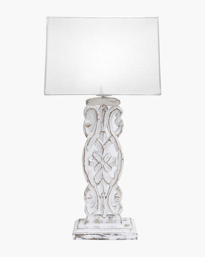 Sculptural Hand Carved Wood Table Lamp with Khadi Square shade, Whitewash