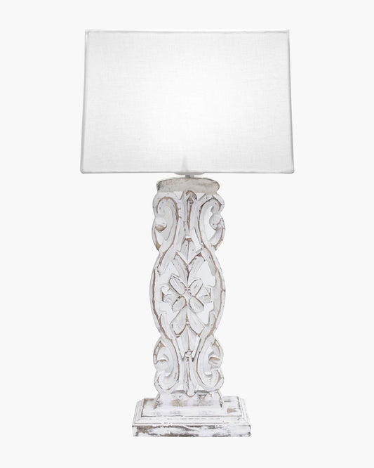 Sculptural Hand Carved Wood Table Lamp with Khadi Square shade, Whitewash