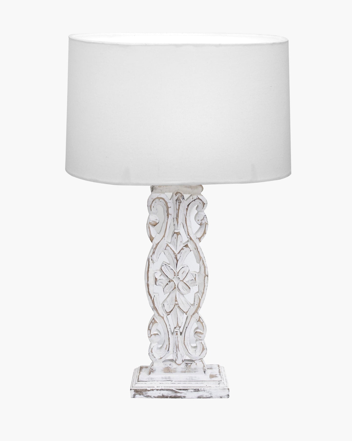 Sculptural Hand Carved Wood Table Lamp with Oval White shade, Antique Black