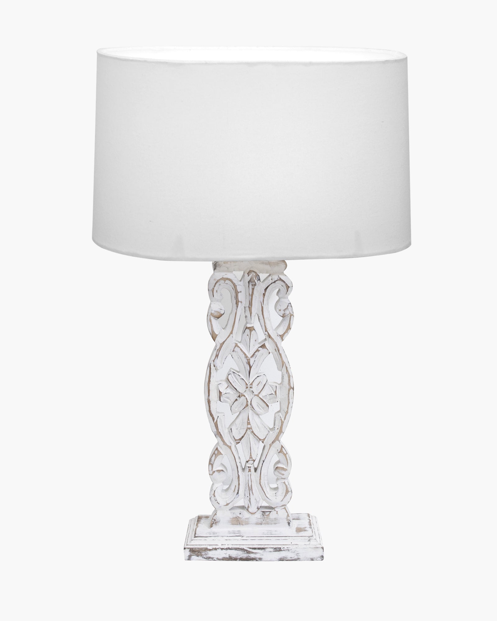 Sculptural Hand Carved Wood Table Lamp with Oval White shade, Antique Black