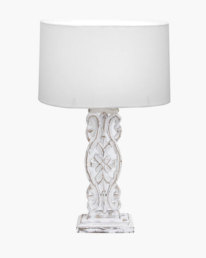 Sculptural Hand Carved Wood Table Lamp with Oval White shade, Antique Black