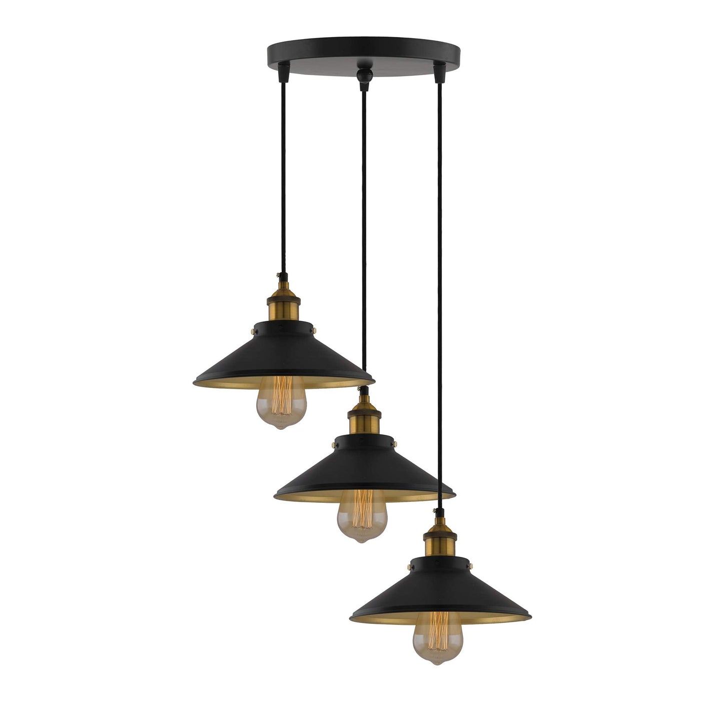3-Lights Round Cone Shade Cluster Chandelier Hanging Light, Decorative, Black, Kitchen Area and Dining Room Light, LED/Filament Light