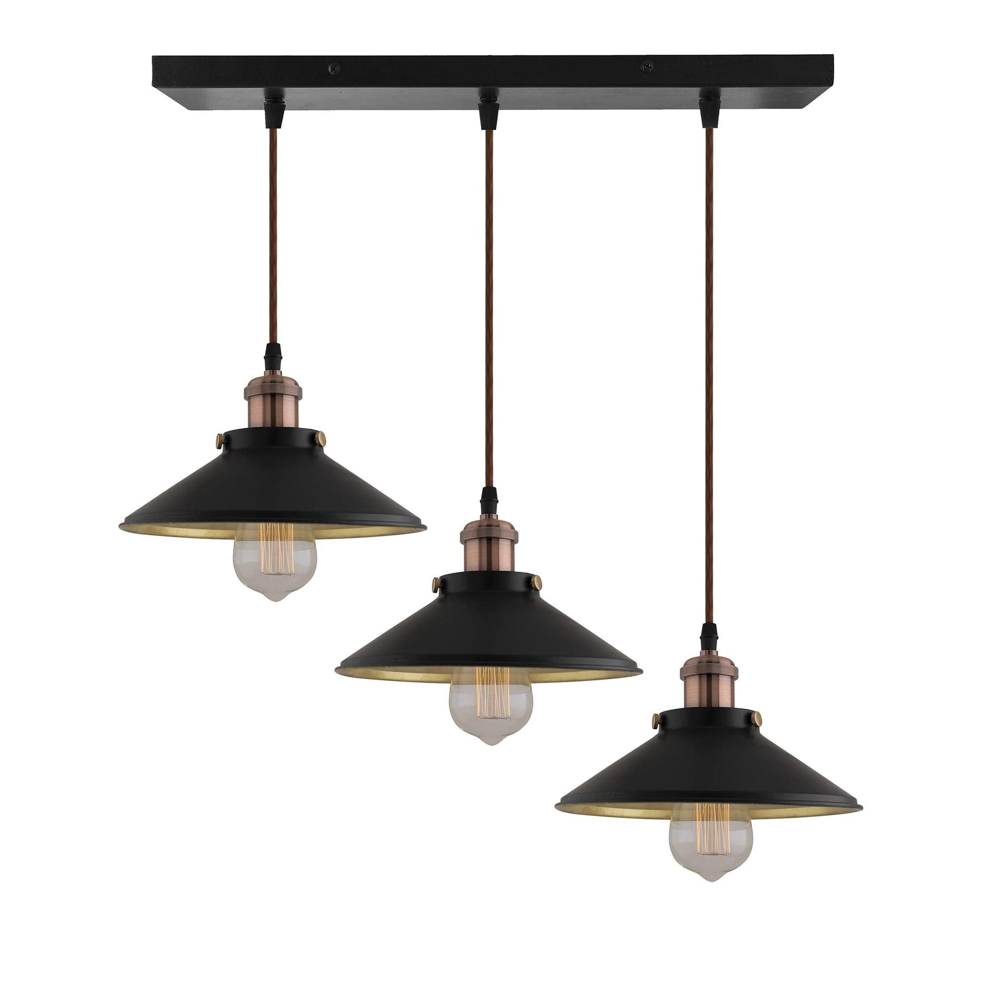 3-Lights Linear Cone Shade Cluster Chandelier Hanging Light, Decorative, Black, Kitchen Area and Dining Room Light, LED/Filament Light