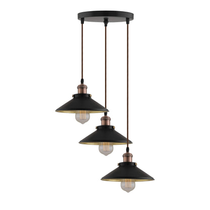 3-Lights Round Cone Shade Cluster Chandelier Hanging Light, Decorative, Black, Kitchen Area and Dining Room Light, LED/Filament Light