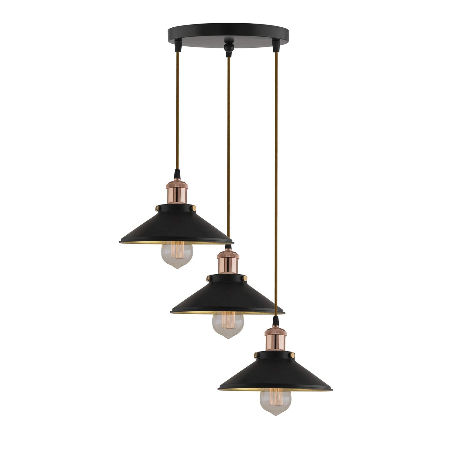 3-Lights Round Cone Shade Cluster Chandelier Hanging Light, Decorative, Black, Kitchen Area and Dining Room Light, LED/Filament Light