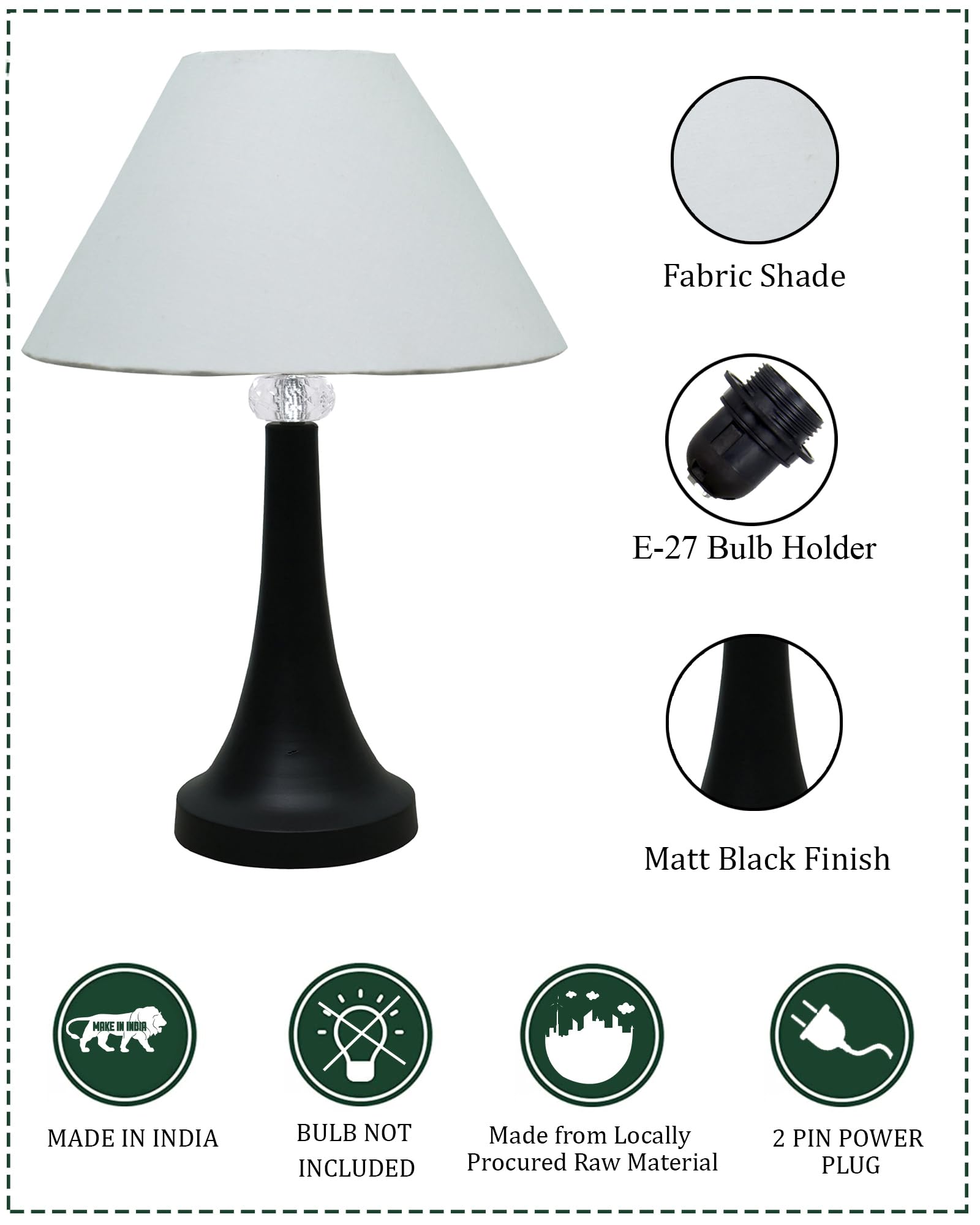 Black Metal Cone Table Lamp with Fabric Shade, B22 holder Nightstand Lamp