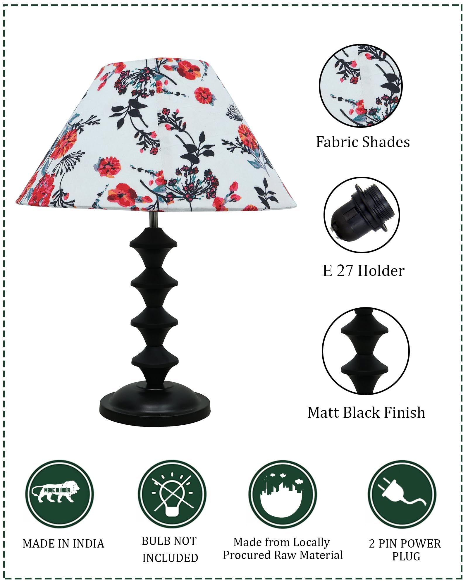 Black Metal Table Lamp with Fabric Shade, B22 holder, Pillar