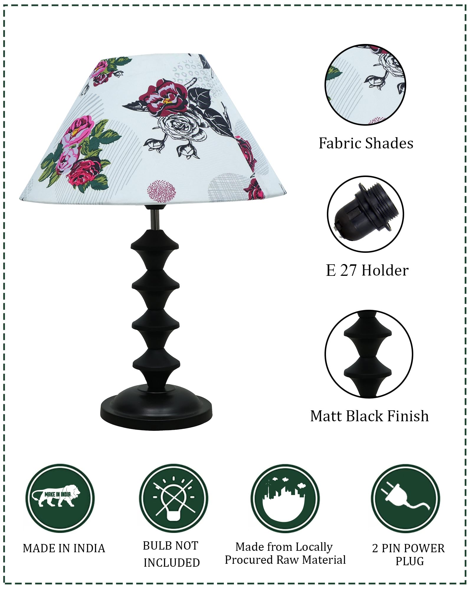 Black Metal Table Lamp with Fabric Shade, B22 holder, Pillar
