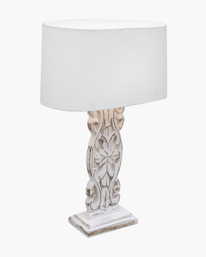 Sculptural Hand Carved Wood Table Lamp with Oval White shade, Antique Black