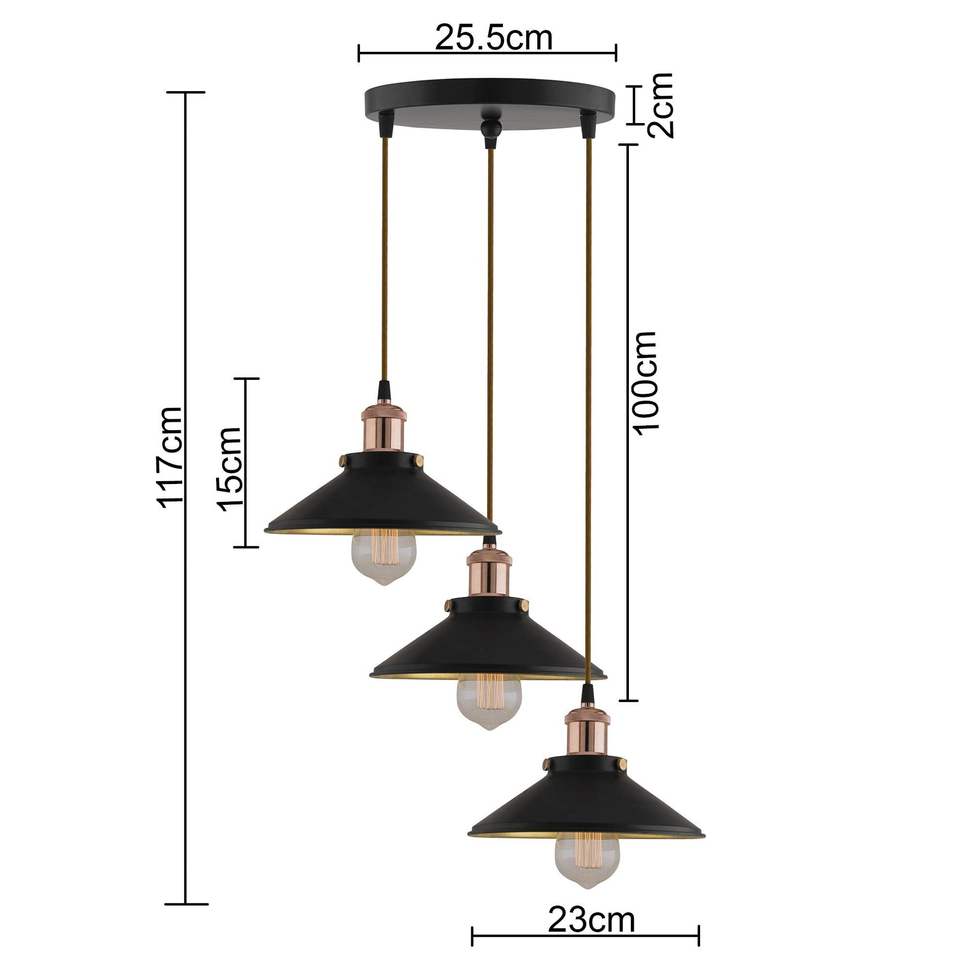 3-Lights Round Cone Shade Cluster Chandelier Hanging Light, Decorative, Black, Kitchen Area and Dining Room Light, LED/Filament Light