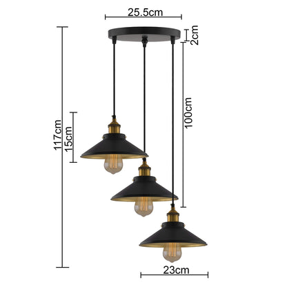 3-Lights Round Cone Shade Cluster Chandelier Hanging Light, Decorative, Black, Kitchen Area and Dining Room Light, LED/Filament Light