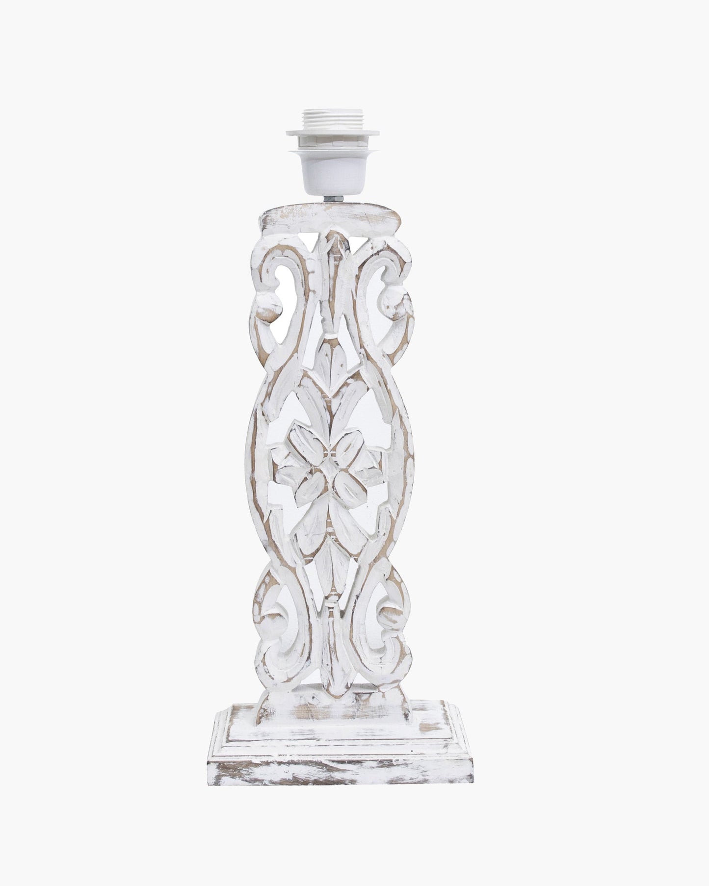 Sculptural Hand Carved Wood Table Lamp with Khadi Square shade, Whitewash