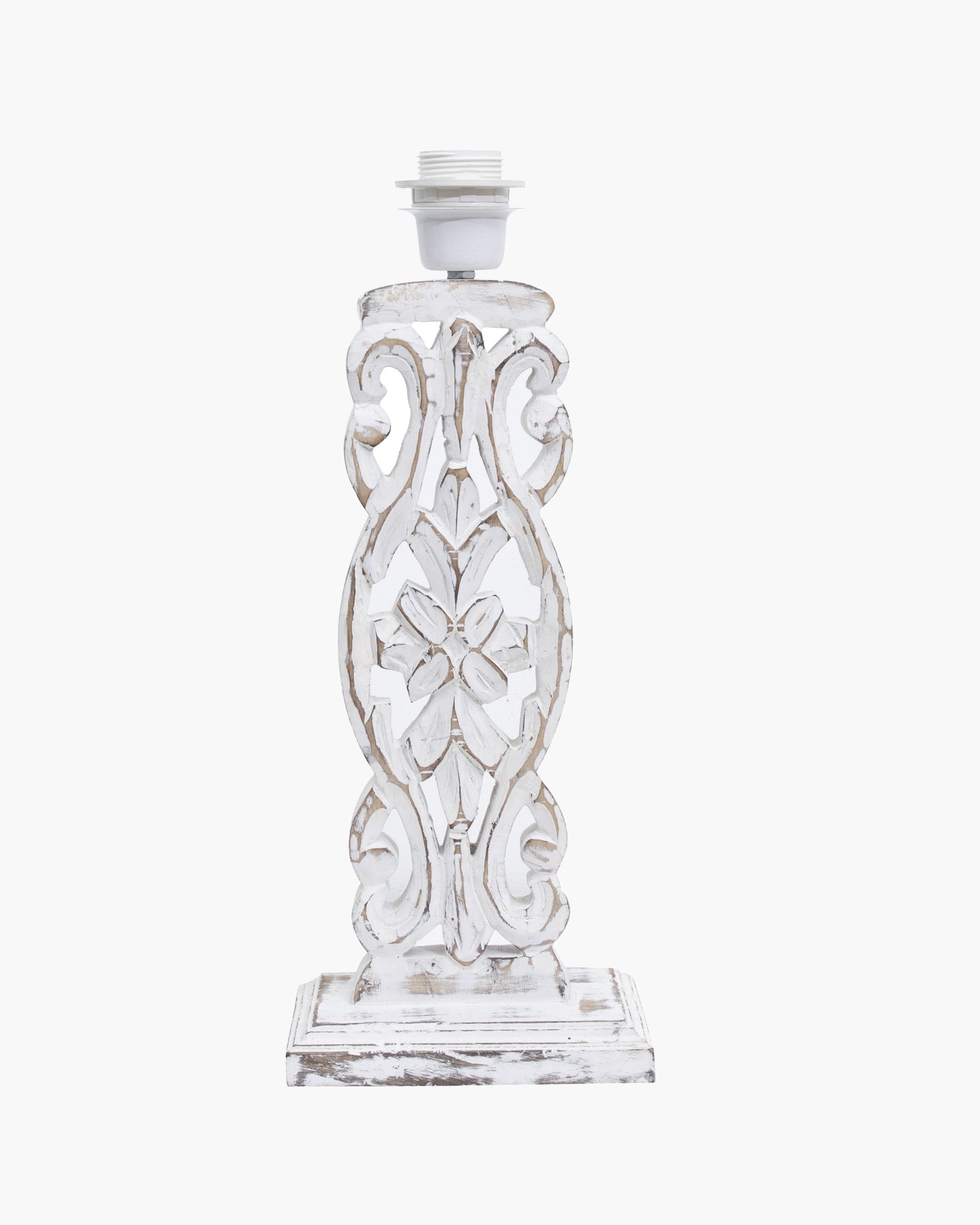 Sculptural Hand Carved Wood Table Lamp with Khadi Square shade, Whitewash