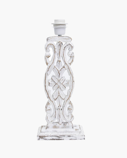 Sculptural Hand Carved Wood Table Lamp with Khadi Square shade, Whitewash