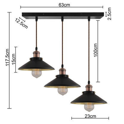 3-Lights Linear Cone Shade Cluster Chandelier Hanging Light, Decorative, Black, Kitchen Area and Dining Room Light, LED/Filament Light