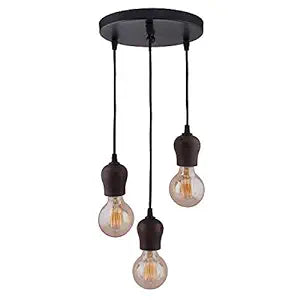 3-lights Round Cluster Chandelier Edison Filament Wooden Bubble holder Hanging Pendant Light with Braided Cord
