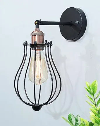 Vintage Wall Sconce Industrial Lighting Adjustable Socket Rustic Wire Metal Cage Fixture Porch Mirror, Antique