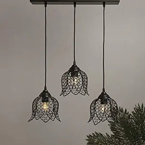 3-lights Cluster Chandelier Black Lotus Hanging Pendant Light with Braided Cord