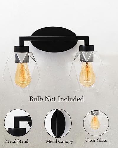 2-Light Wall Sconce Vanity Lighting Bathroom Lamp in Black with Hexa Glass Shades Wall Mounted Light Fixtures for Bedroom Stairs and Kitchen