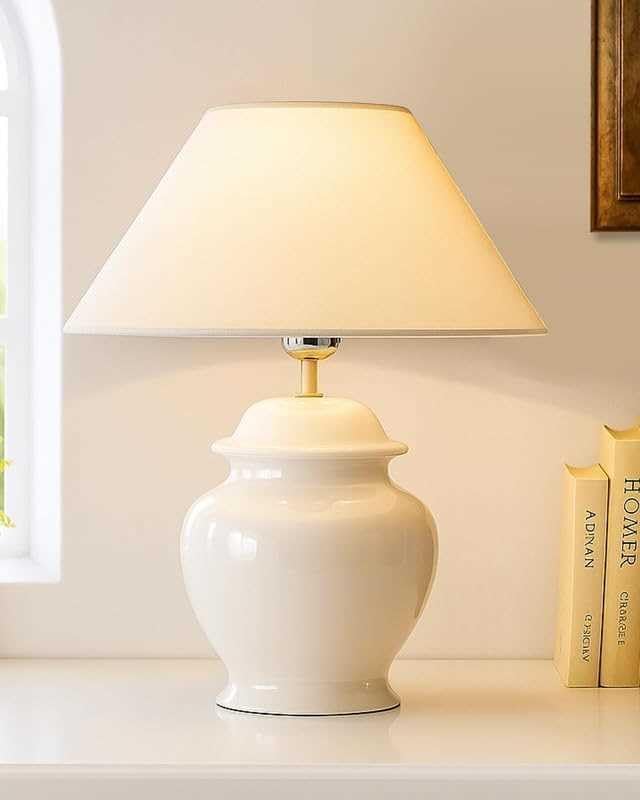 White Glossy Ceramic Pot Shaped Base Table Lamp with White Cone Shade E-27 Bulb