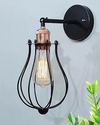 Vintage Wall Sconce Industrial Lighting Adjustable Socket Rustic Wire Metal Cage Fixture Porch Mirror, Antique