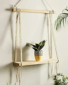 Macrame Wall Hanging Shelf Wood Floating Boho Shelves with Wooden Dowel Modern Chic Hand Woven Art Decor for Apartment Dorm Bedroom Living Room Nursery Beige