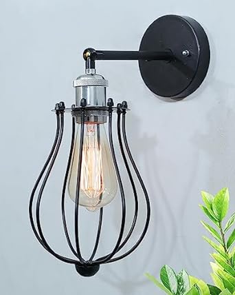 Vintage Wall Sconce Industrial Lighting Adjustable Socket Rustic Wire Metal Cage Fixture Porch Mirror, Antique