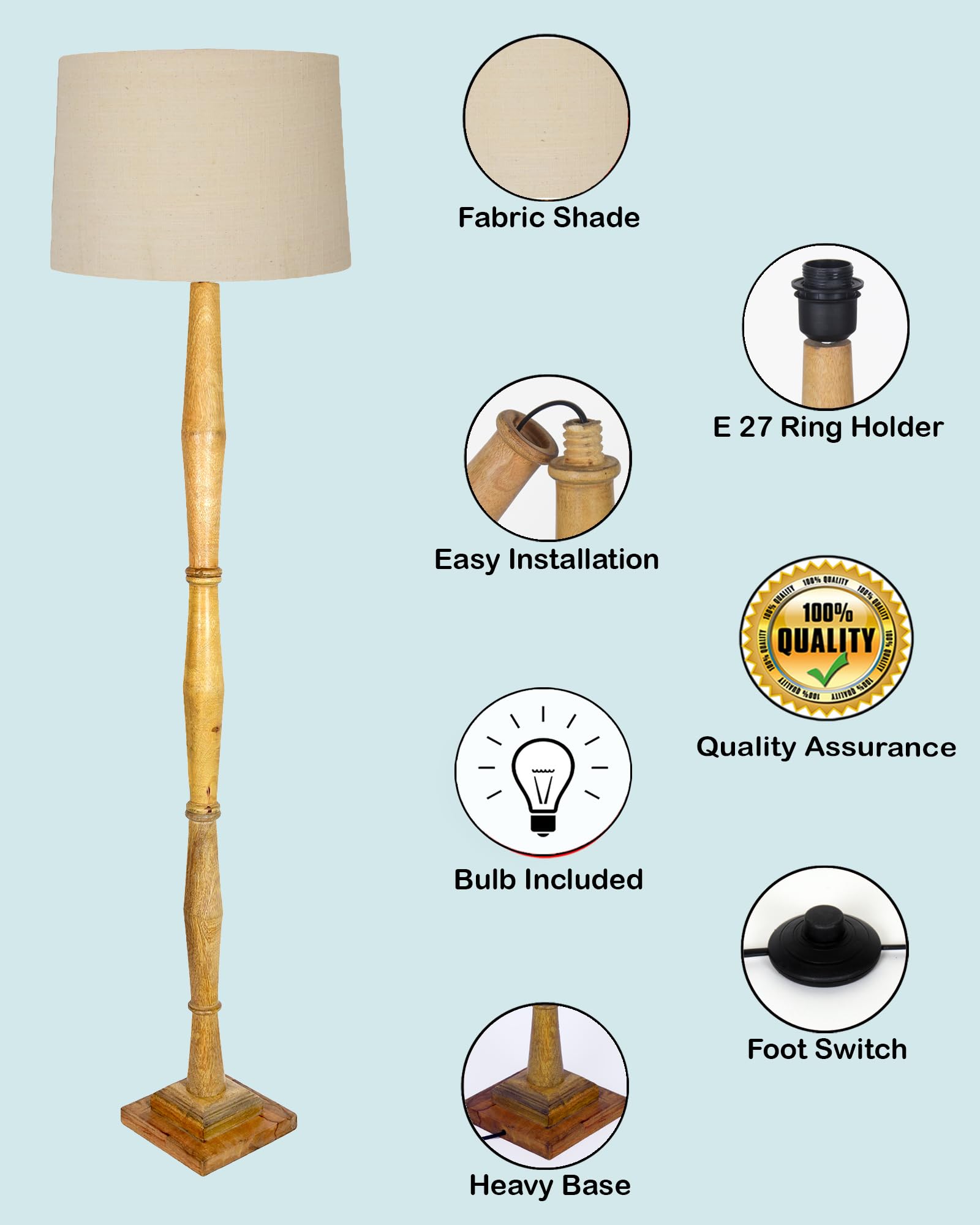 Wood Antique Candlestick Fabric Drum Shade Decor for Living Room Reading House Bedroom Home, Natural Diamond