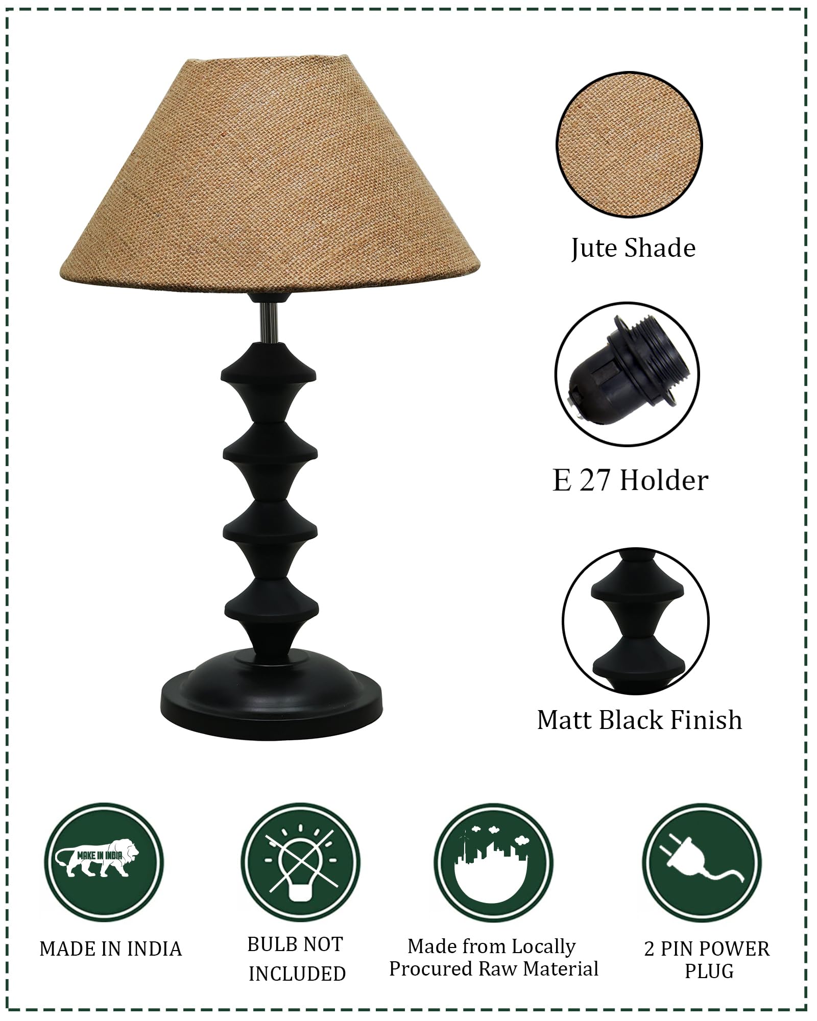 Black Metal Table Lamp with Fabric Shade, B22 holder, Pillar