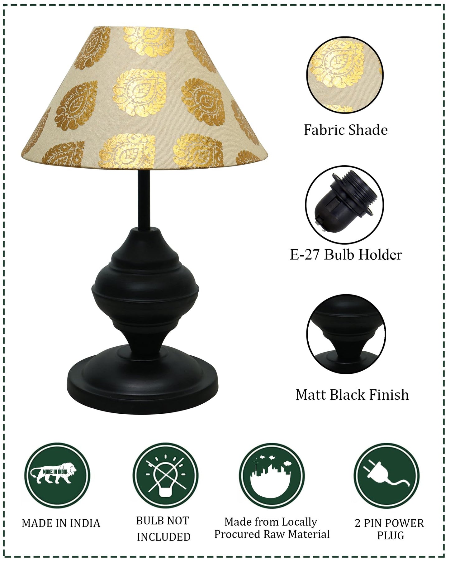 Black Metal Table Lamp | for Living Room | Modern Bedside Light with Pleated Shade | Decorative Night Lamp for Bedroom, Study, Office | Home Decor Lighting, E27 holder, Urn