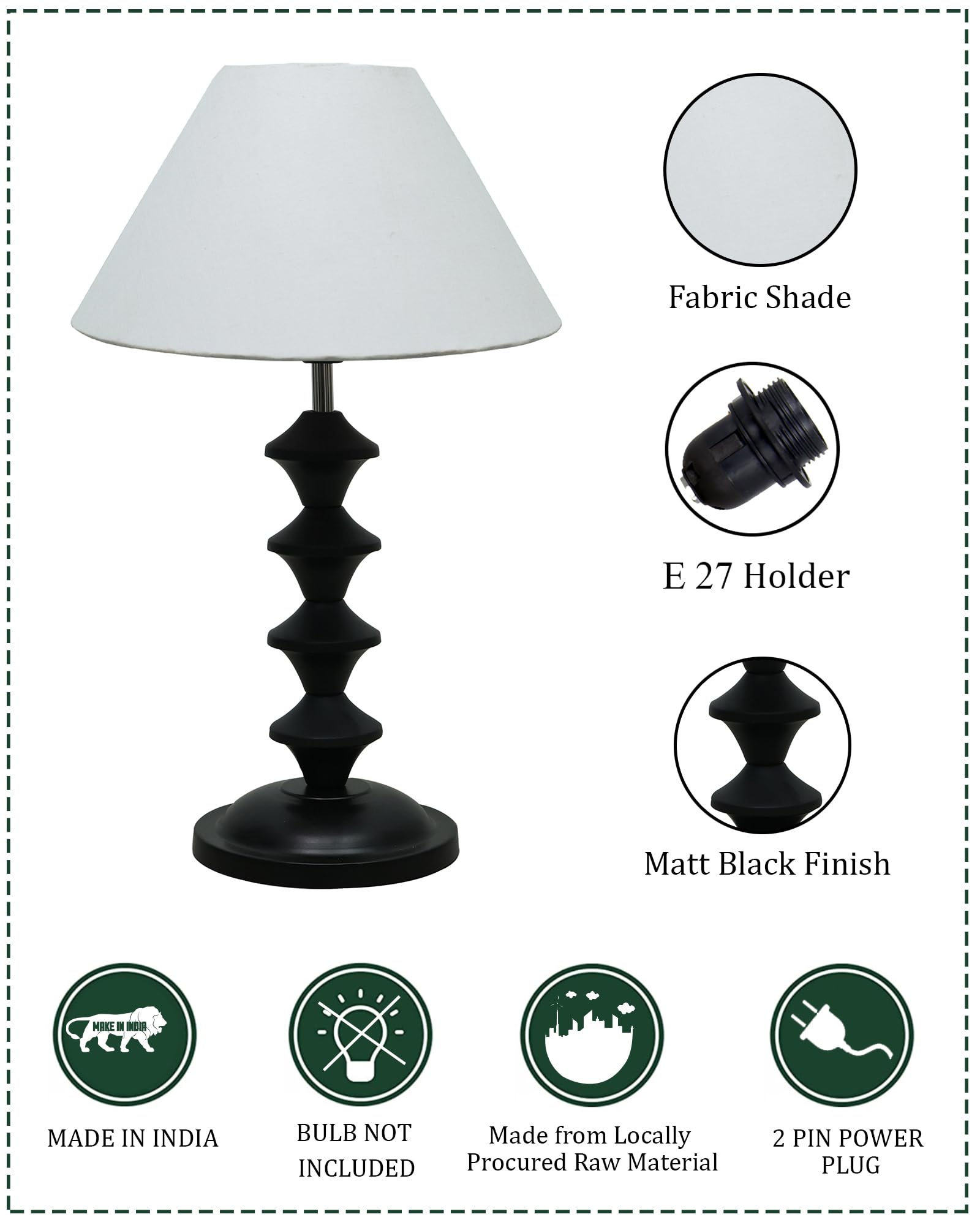 Black Metal Table Lamp with Fabric Shade, B22 holder, Pillar