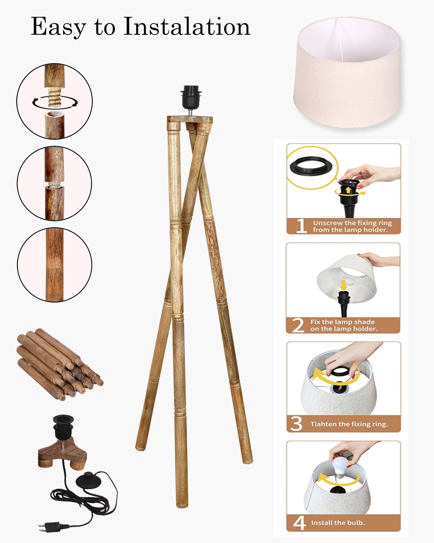 Cross-leg Wood Tripod Floor Lamp, Mid Century Standing Lamp, E27 Lamp Base, With Shade Modern Design Floor Reading Lamp for Living Room Bedroom, Study Room and Office