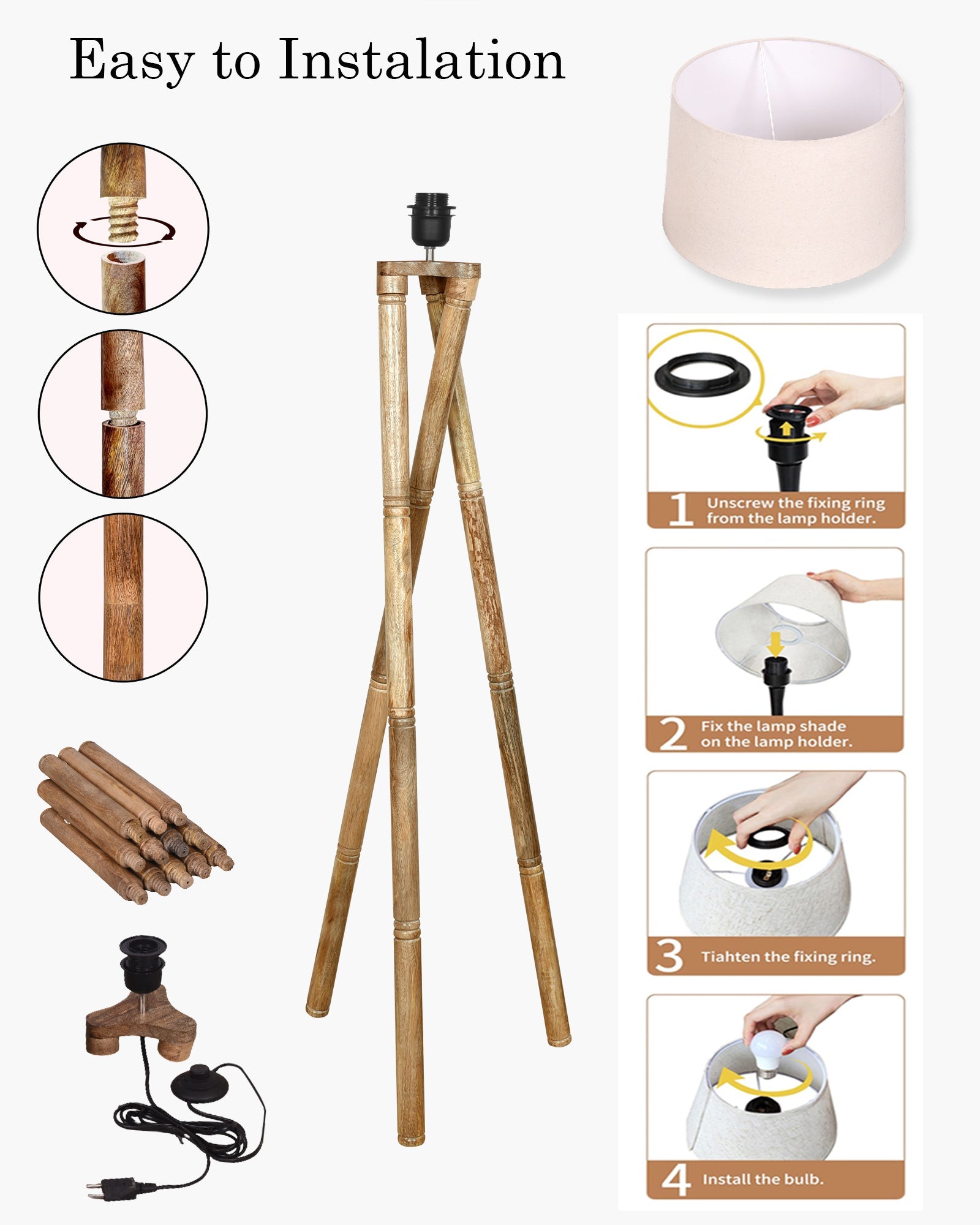 Cross-leg Wood Tripod Floor Lamp, Mid Century Standing Lamp, E27 Lamp Base, With Shade Modern Design Floor Reading Lamp for Living Room Bedroom, Study Room and Office