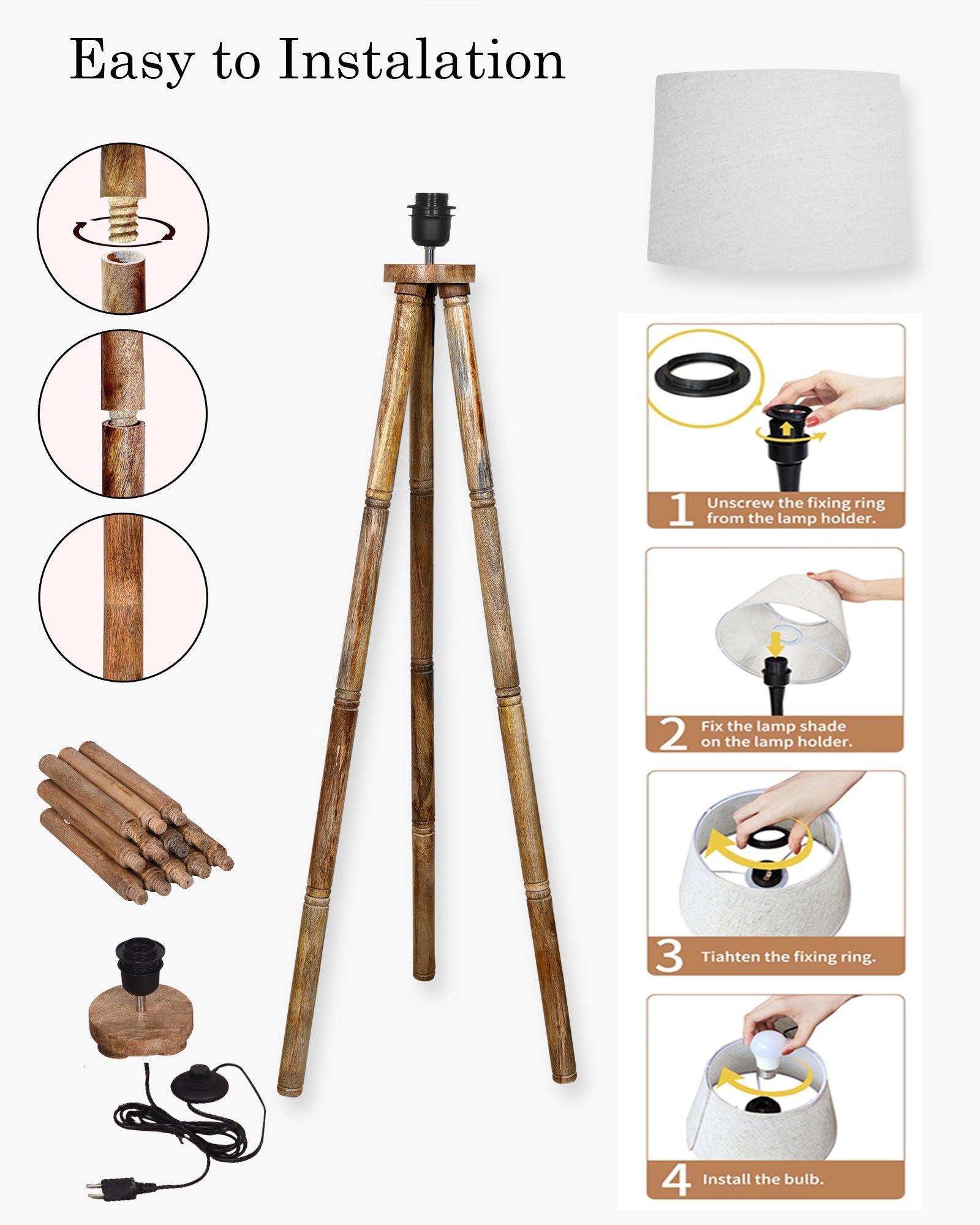 Wood Tripod Floor Lamp, Mid Century Standing Lamp, E27 Lamp Base, With shade Modern Design Floor Reading Lamp for Living Room Bedroom, Study Room and Office
