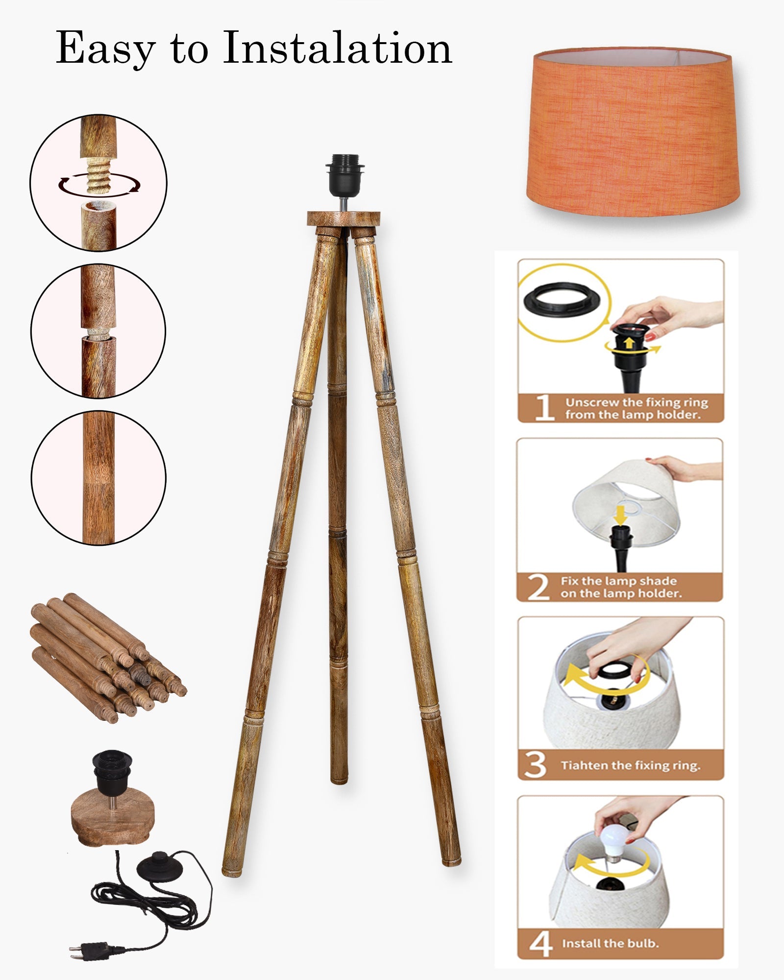 Wood Tripod Floor Lamp, Mid Century Standing Lamp, E27 Lamp Base, With shade Modern Design Floor Reading Lamp for Living Room Bedroom, Study Room and Office