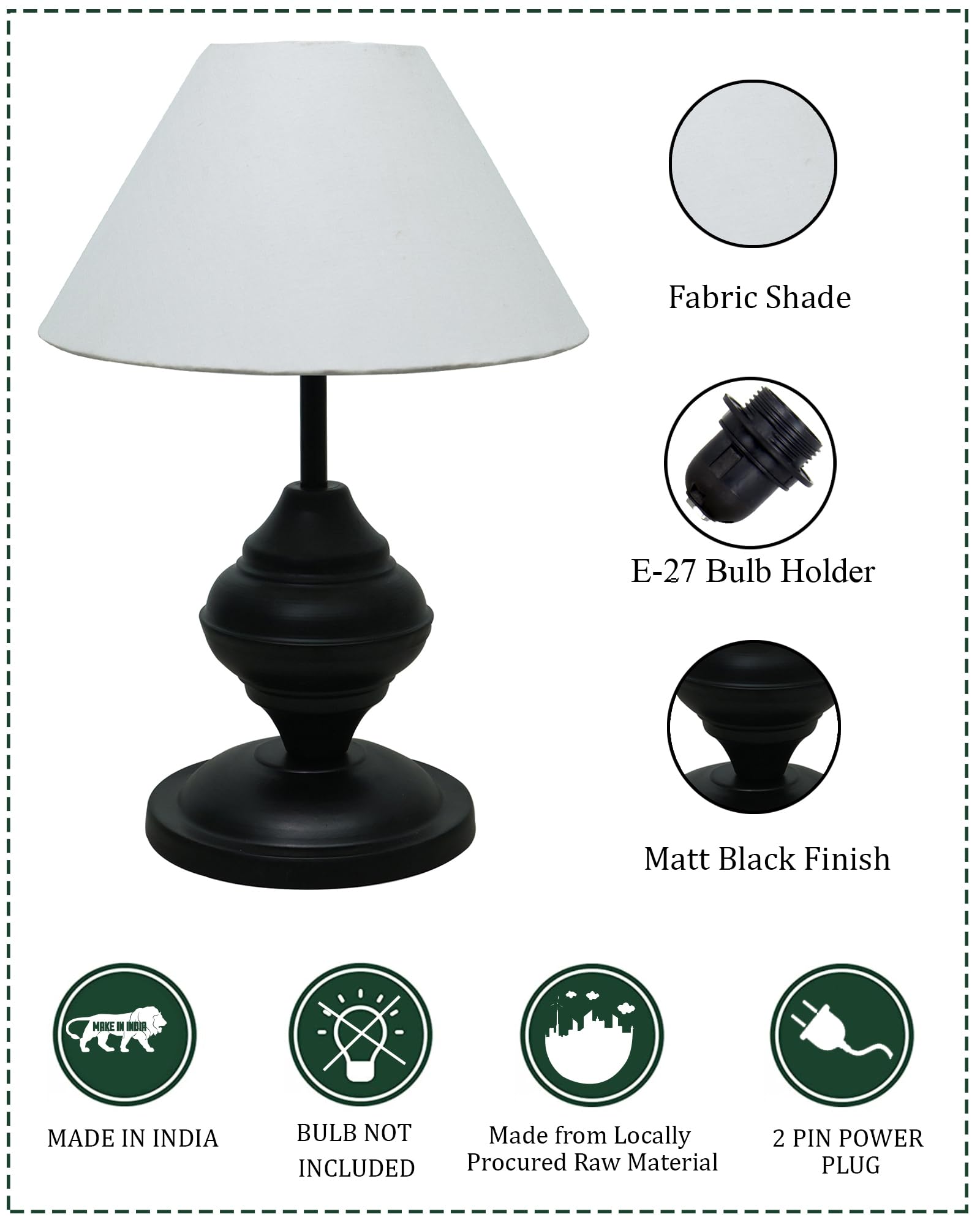Black Metal Table Lamp | for Living Room | Modern Bedside Light with Pleated Shade | Decorative Night Lamp for Bedroom, Study, Office | Home Decor Lighting, E27 holder, Urn