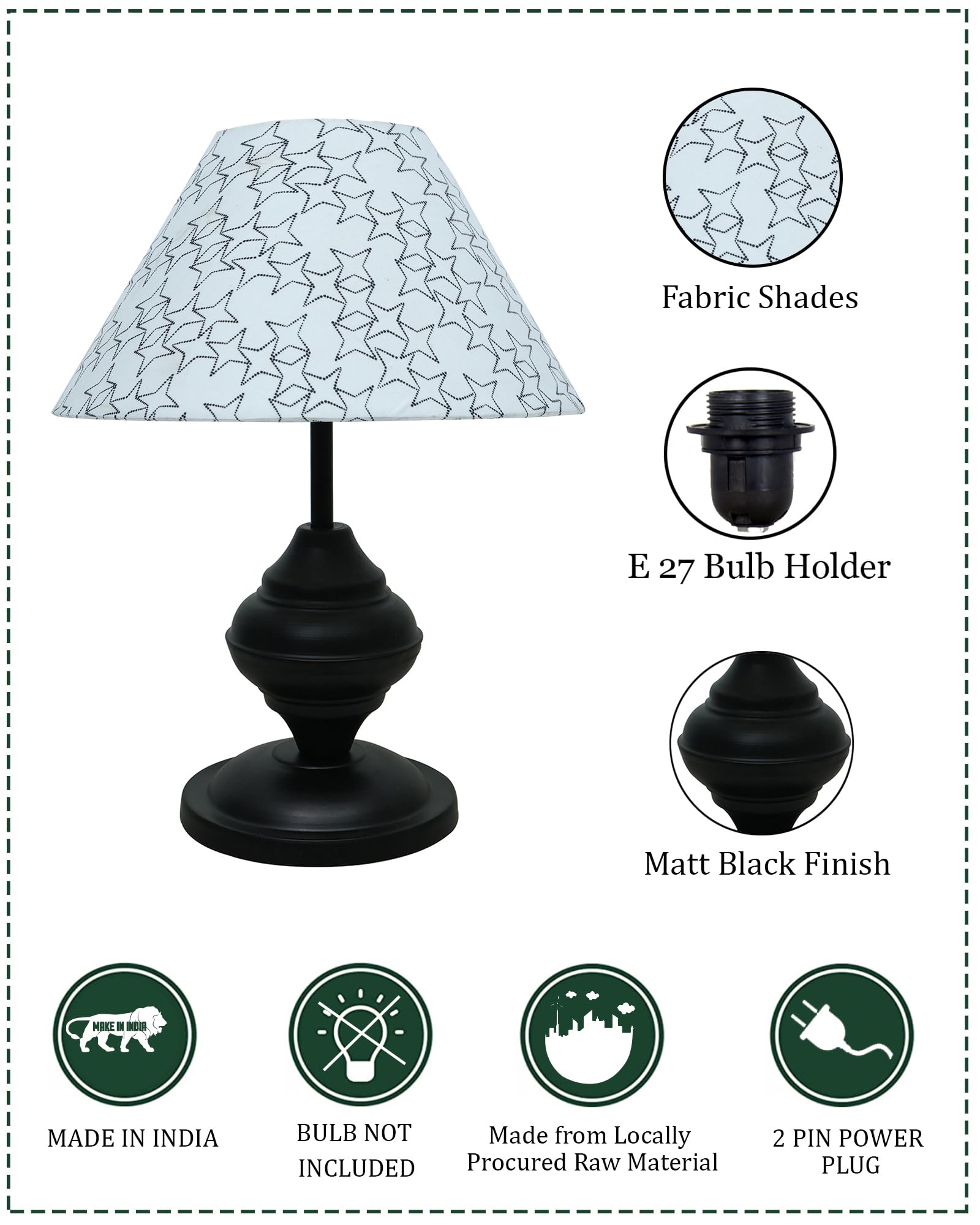 Black Metal Table Lamp | for Living Room | Modern Bedside Light with Pleated Shade | Decorative Night Lamp for Bedroom, Study, Office | Home Decor Lighting, E27 holder, Urn