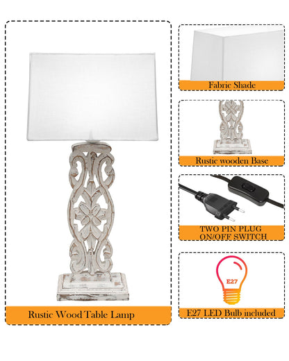 Sculptural Hand Carved Wood Table Lamp with Khadi Square shade, Whitewash