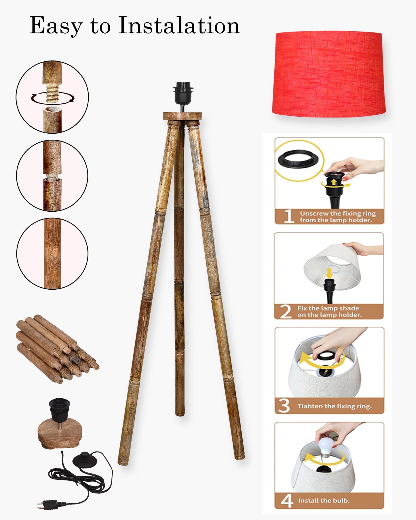 Wood Tripod Floor Lamp, Mid Century Standing Lamp, E27 Lamp Base, With shade Modern Design Floor Reading Lamp for Living Room Bedroom, Study Room and Office