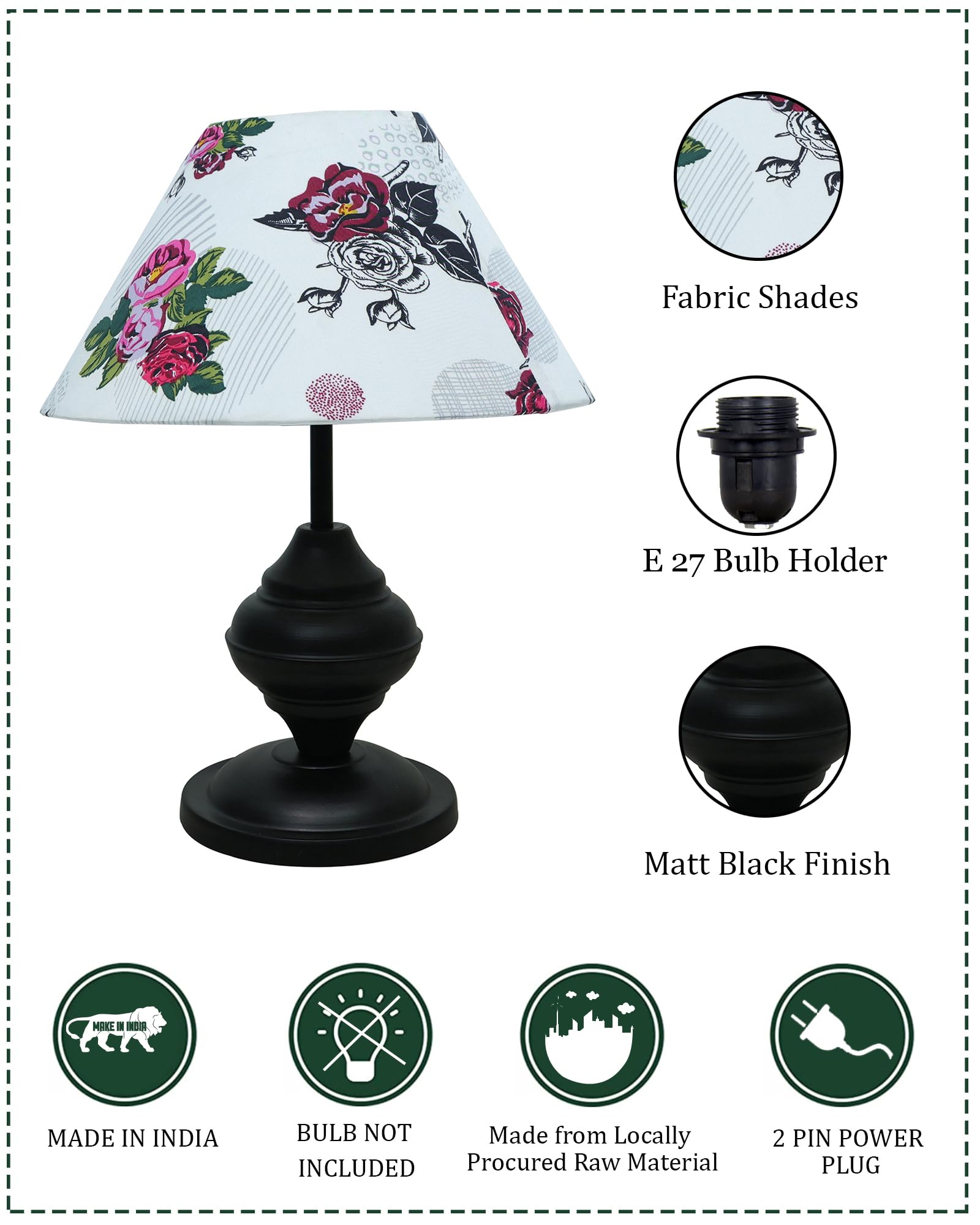 Black Metal Table Lamp | for Living Room | Modern Bedside Light with Pleated Shade | Decorative Night Lamp for Bedroom, Study, Office | Home Decor Lighting, E27 holder, Urn