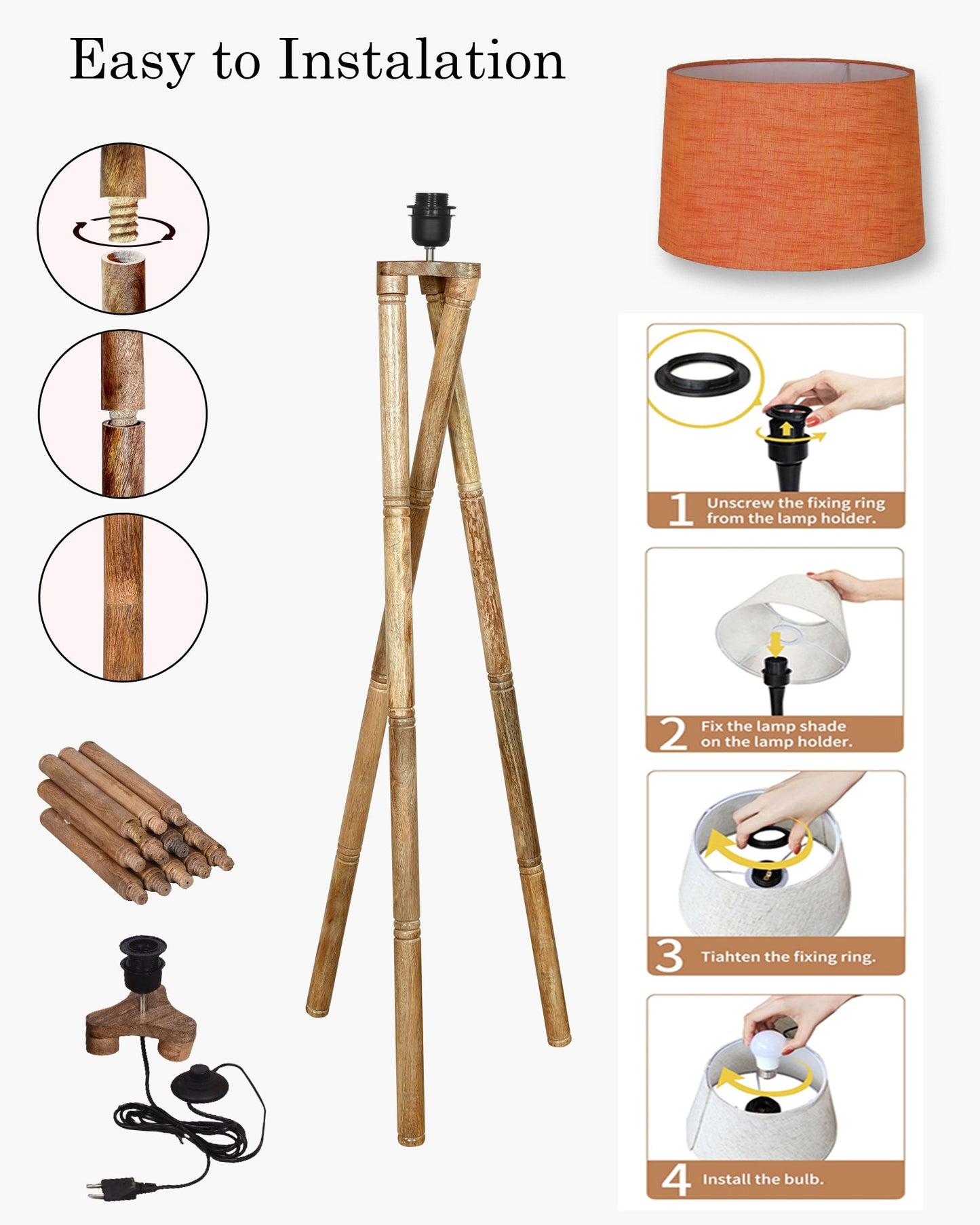 Cross-leg Wood Tripod Floor Lamp, Mid Century Standing Lamp, E27 Lamp Base, With Shade Modern Design Floor Reading Lamp for Living Room Bedroom, Study Room and Office