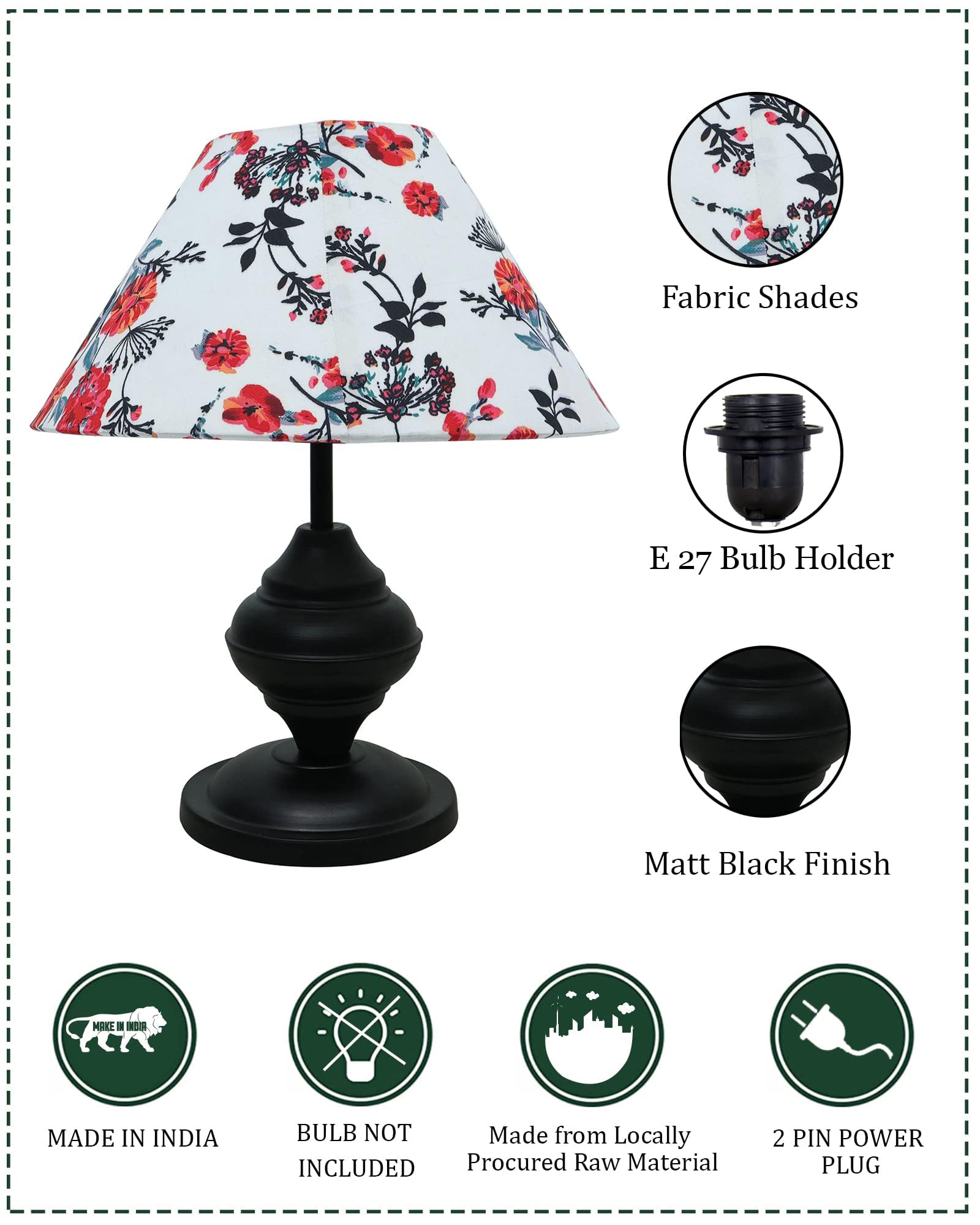 Black Metal Table Lamp | for Living Room | Modern Bedside Light with Pleated Shade | Decorative Night Lamp for Bedroom, Study, Office | Home Decor Lighting, E27 holder, Urn