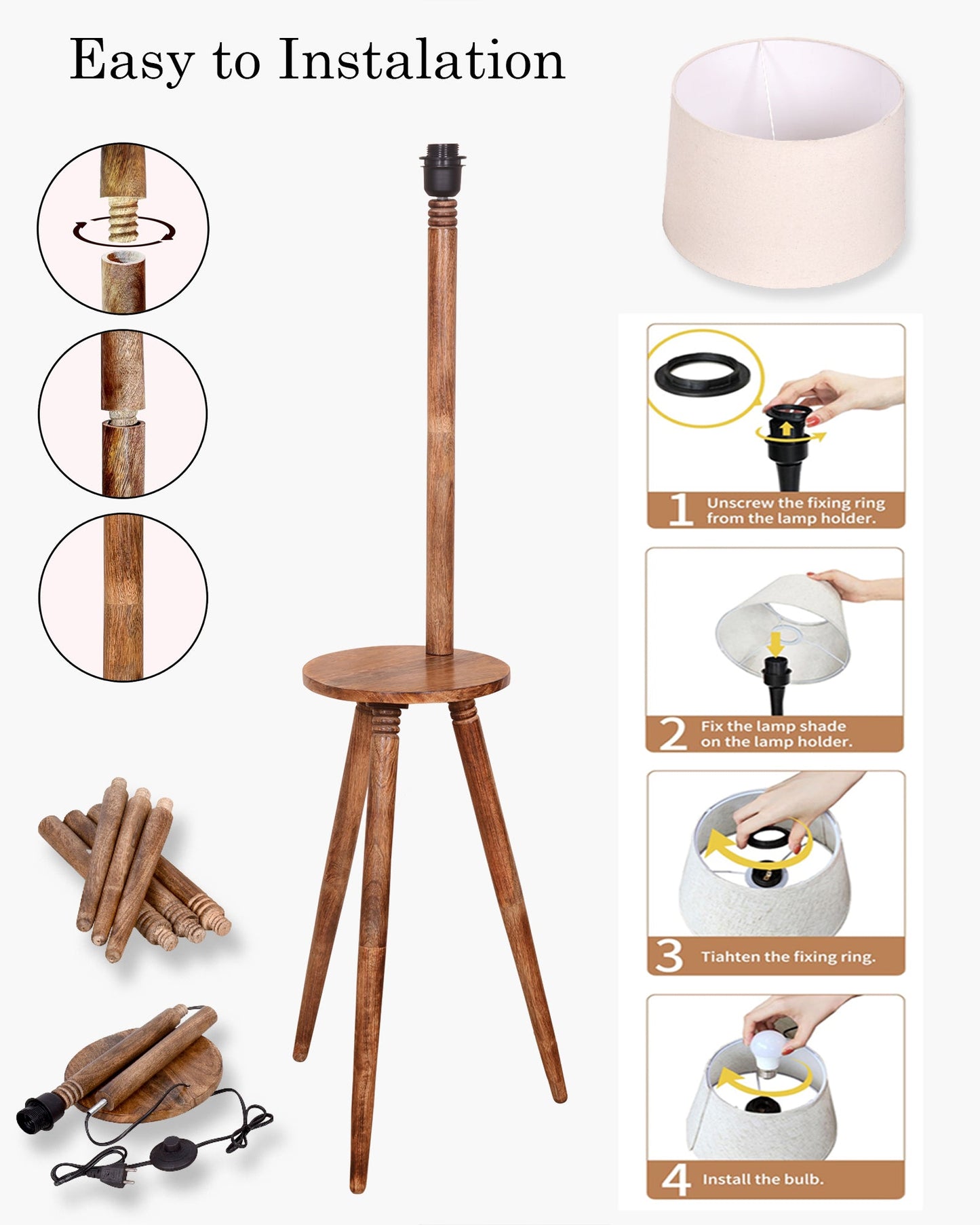 Table,Tripod Wooden Floor Lamp, Mid Century Standing Lamp, E27 Lamp Base, With Shade Modern Design Floor Reading Lamp for Living Room Bedroom, Study Room and Office