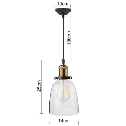 Pendant Light with Bell Glass Shade, Metal Base Cap and Adjustable Textile Cord, Industrial Style Retro Hanging Lamps for Dining Living Room