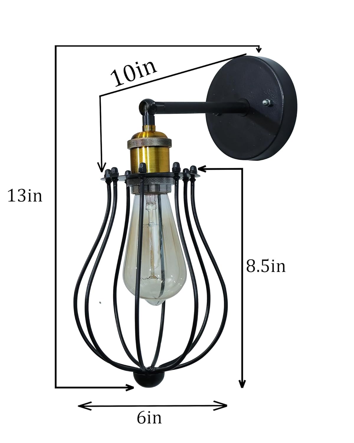 Vintage Wall Sconce Industrial Lighting Adjustable Socket Rustic Wire Metal Cage Fixture Porch Mirror, Antique