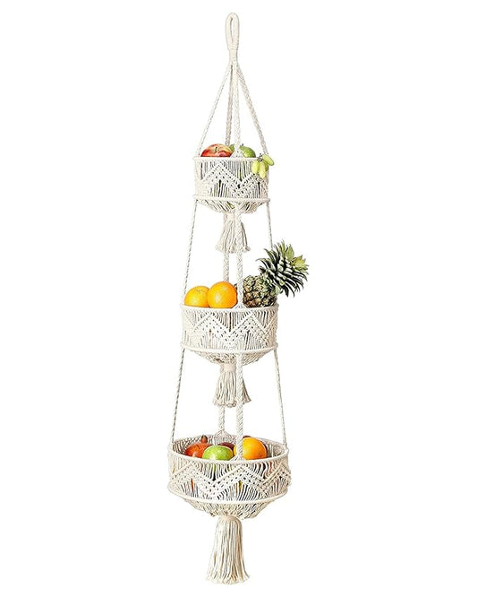 3 Tier Hanging Fruit Basket for Kitchen, Macrame Hanging Basket for Fruit and Vegetable Storage, Boho Wall Baskets for Organizing, Boho Decor for Indoor Plants, 46 Inches Long